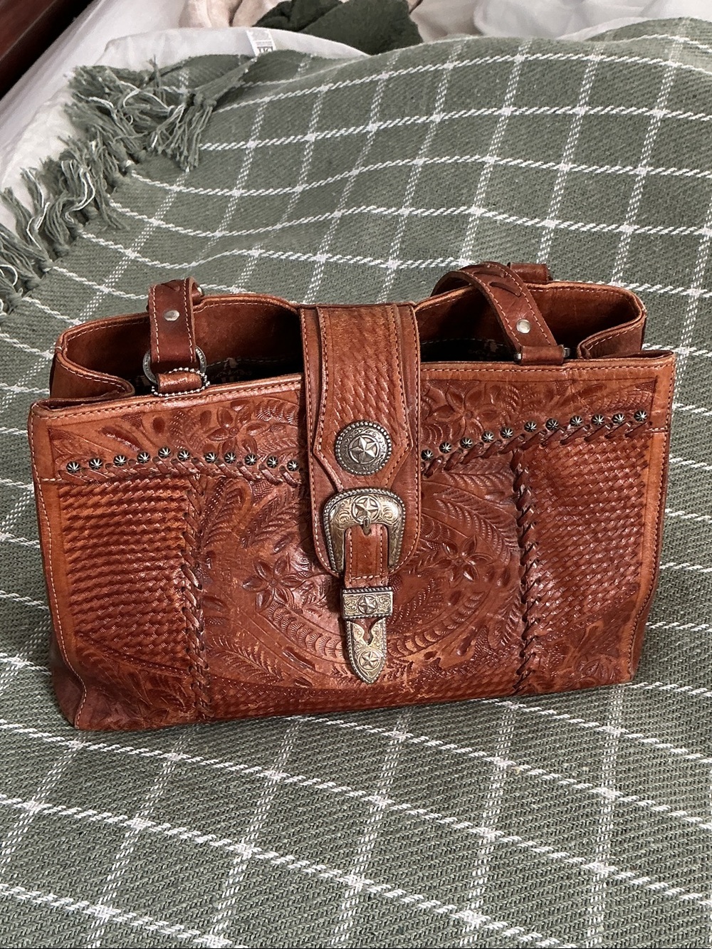 American West Hand-Tooled Chestnut Brown Leather Satchel with Concho Buckle